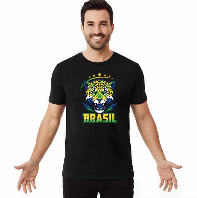 Pánské tričko Divoký Jaguár Brasil Zlatý A Zelený Fotbalový Emblém Síly