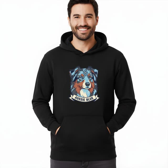 Mikina Aussie Blue Moderní Geometrický Portrét Australského Ovčáka V Modrých Tónech