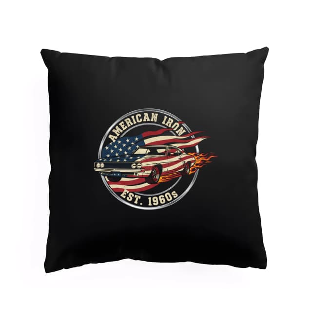Polštář American Iron  Retro Muscle Car Z Šedesátých S Americkou Vlajkou A Plameny