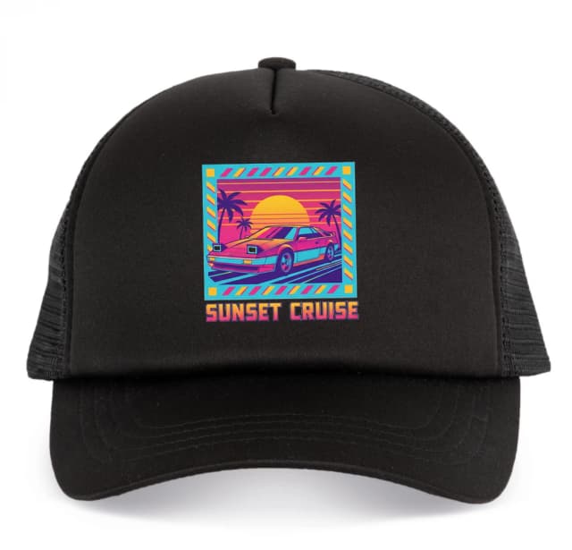 Dětská kšiltovka Neonový Sunset Cruise Retro 80s Palmy Západ Slunce A Sportovní Vůz