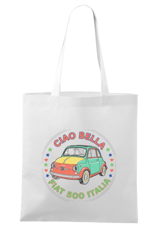 Nákupní taška Barevná Retro Láska Fiat 500 Italia Ciao Bella Dobrodružství Ulicemi