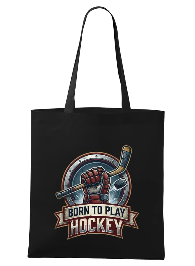 Nákupní taška Narozený Pro Hru Na Ledě Born To Play Hockey  Síla Rukavice A Puku